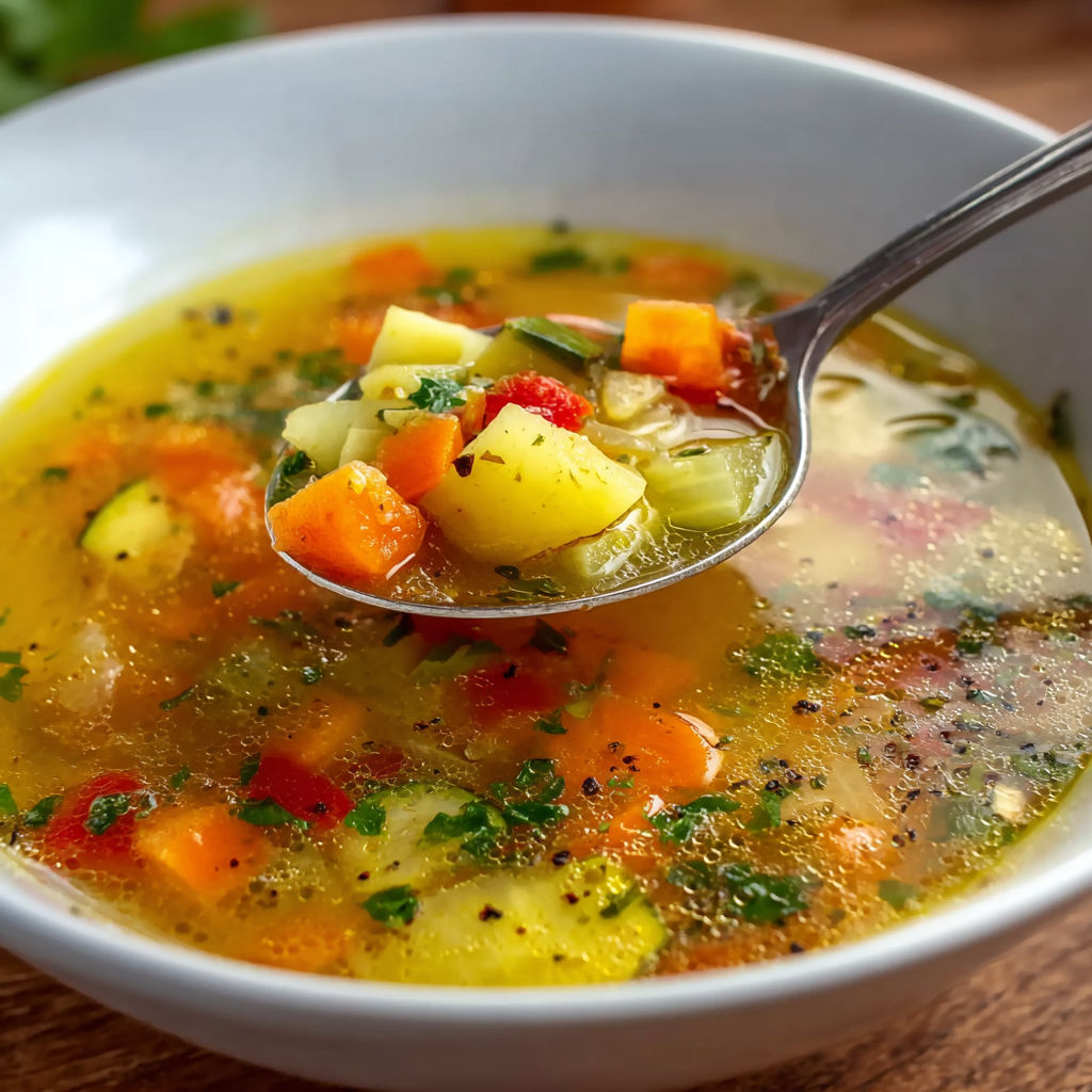 Une généreuse soupe chaude servie dans un bol en verre avec une cuillère en métal toute simple.