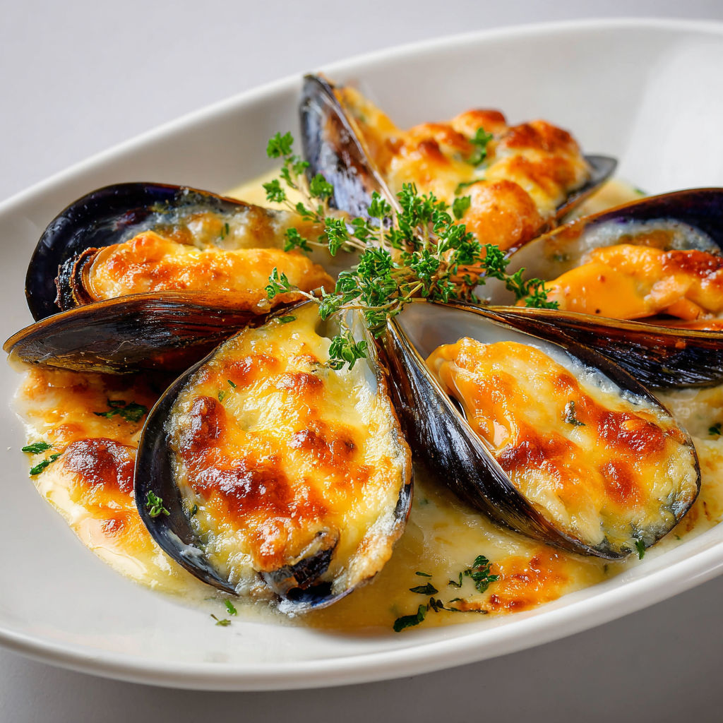 Moules gratinées à la crème et fromage.