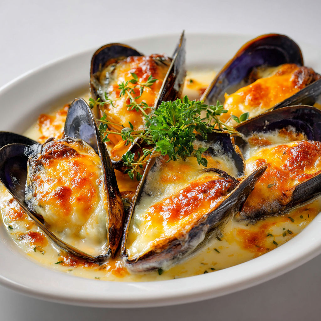 Gratin de moules à la crème, croustillance garantie et fromage épais.