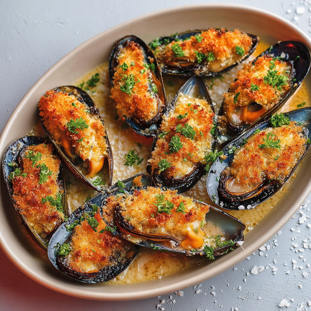 Moules gratinées bien dorées avec chapelure et parmesan.