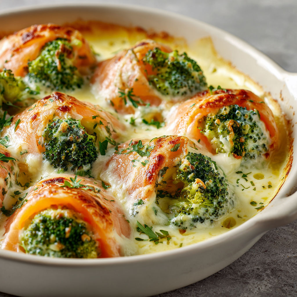 Délicieux gratin de saumon fumé avec brocolis fondants.