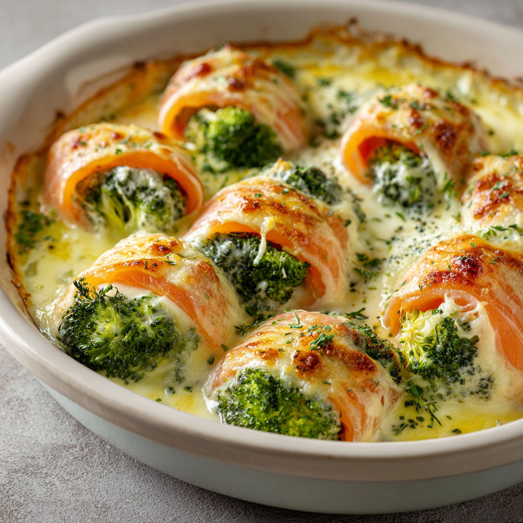 Roulés tendres de saumon fumé avec brocoli en sauce crémeuse.