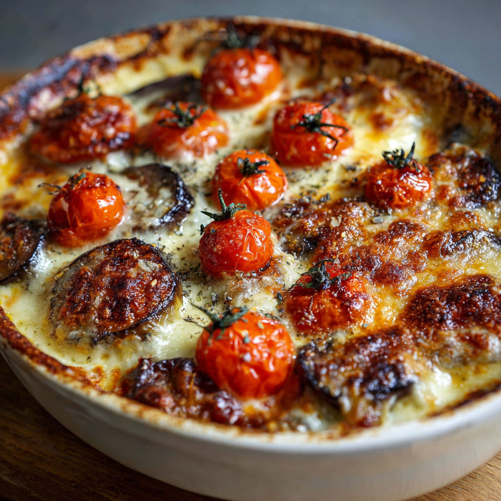 On voit un plat de gratin avec aubergines, tomates et béchamel posé sur la table.