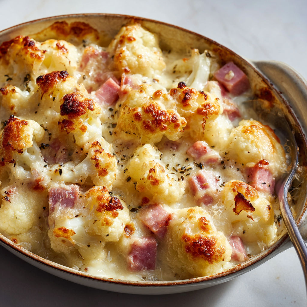 Un généreux gratin de chou-fleur au jambon présenté dans un bol métallique.