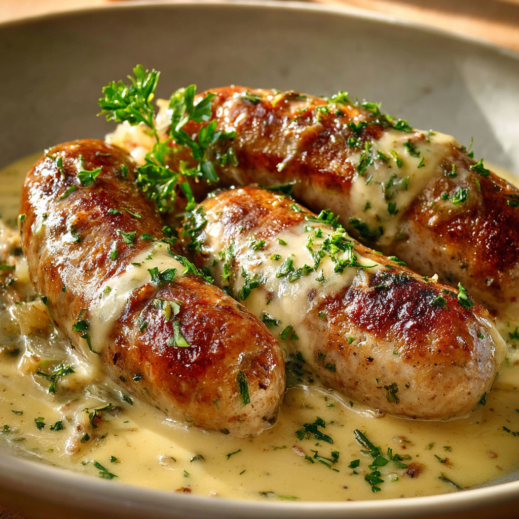 Andouillettes bien dorées et sauce crémeuse à la moutarde à l'ancienne