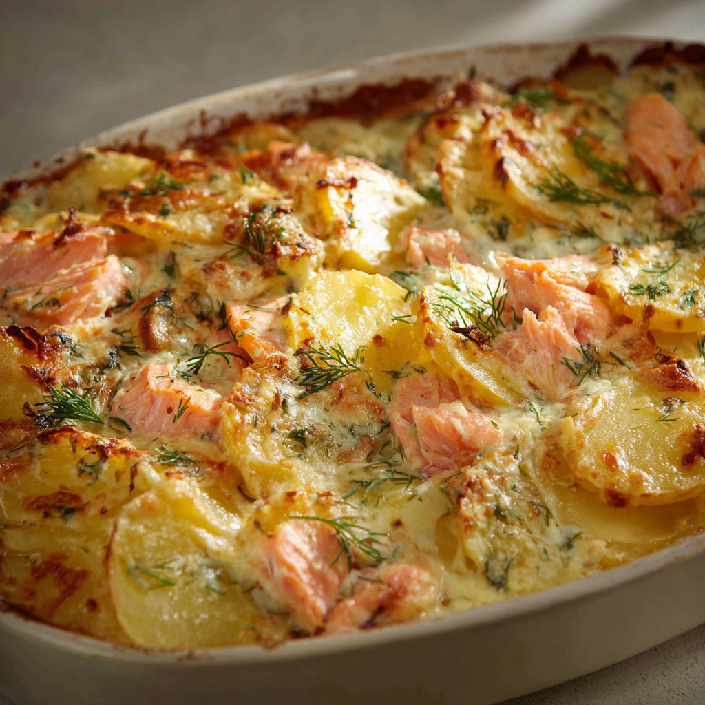 Une belle gratinée de pommes de terre avec saumon et aneth servie dans un plat en céramique.