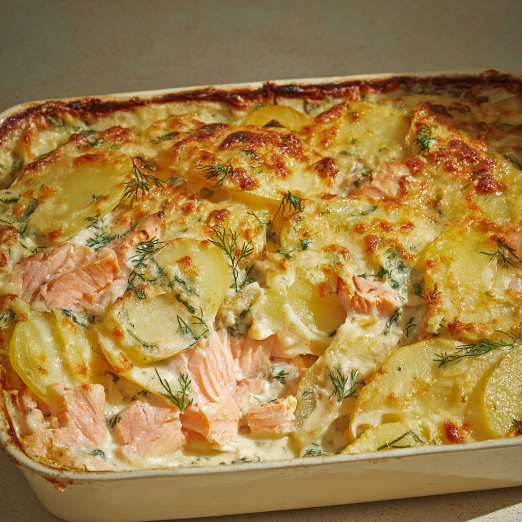 Gratin à base de saumon et pommes de terre, garni d’herbes et légumes, présenté dans un plat en acier.