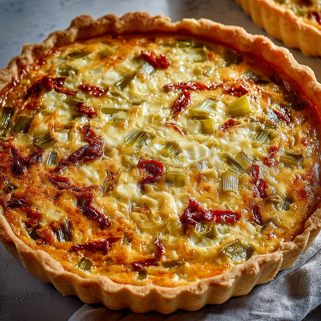 Une belle quiche aux poireaux, fromage fondu et tomates séchées posée sur une table.