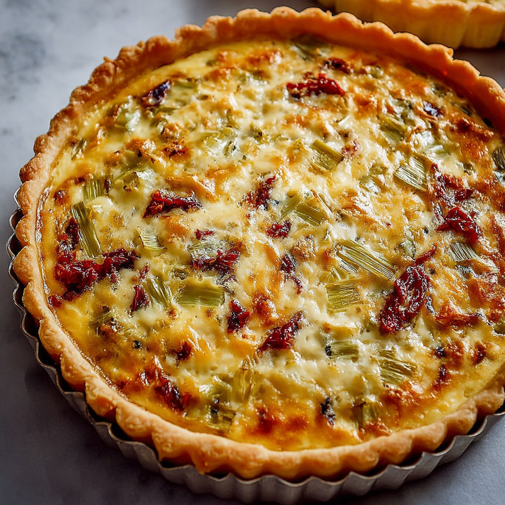 Une part de quiche dorée aux légumes sur une assiette avec de la salade verte.