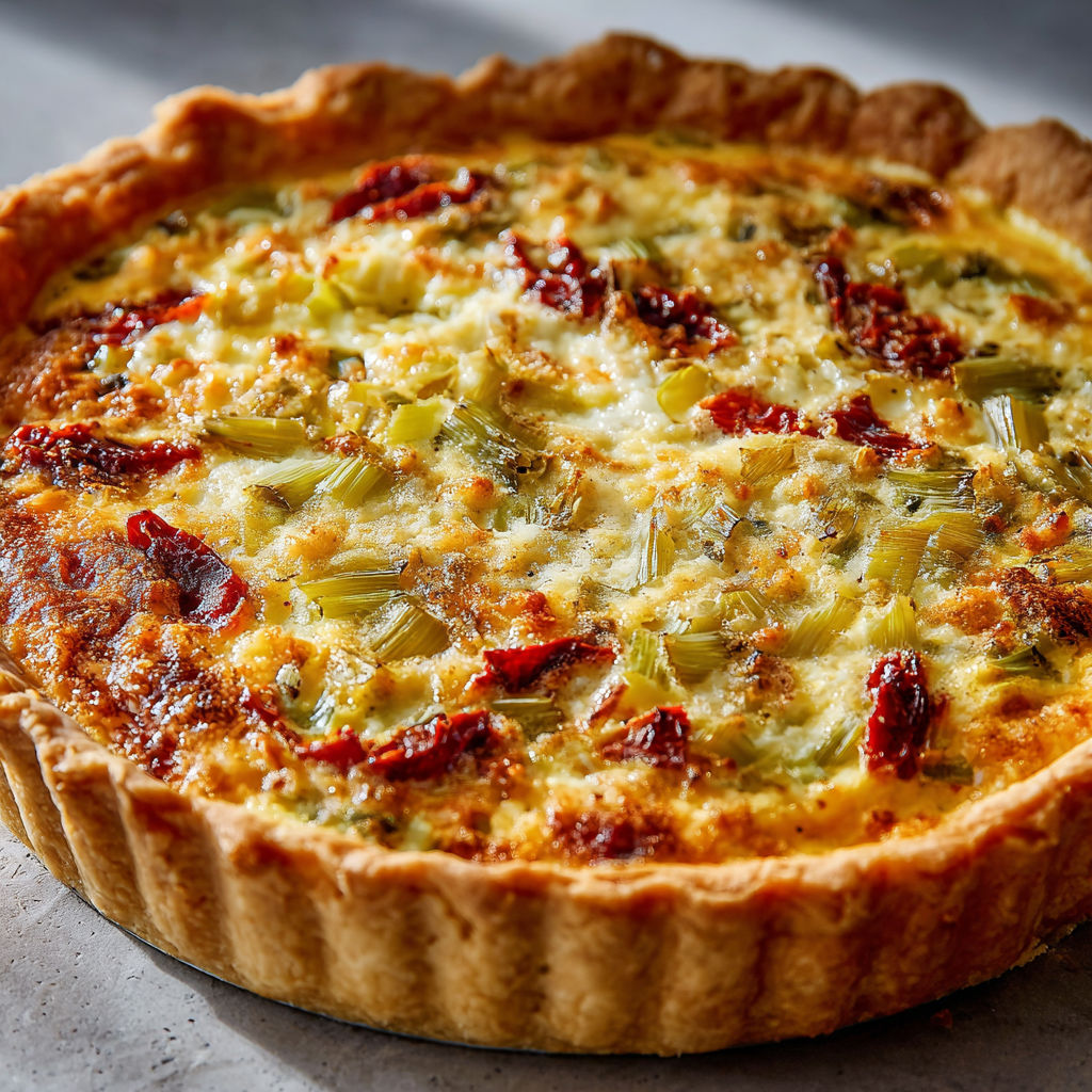 Vue rapprochée d’une quiche dorée poireaux, fromage et tomates séchées