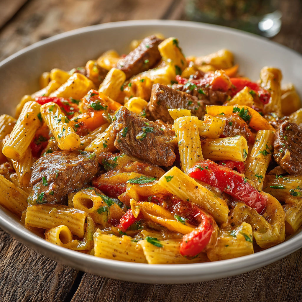 Pâtes bœuf sautés avec poivrons sur une belle table en bois.