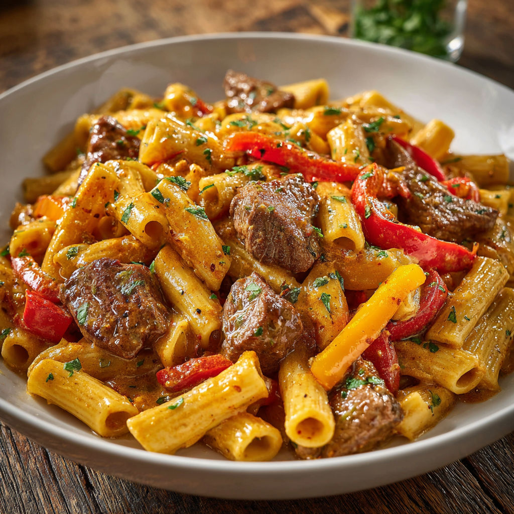 Pâtes sautées au bœuf avec trio de poivrons