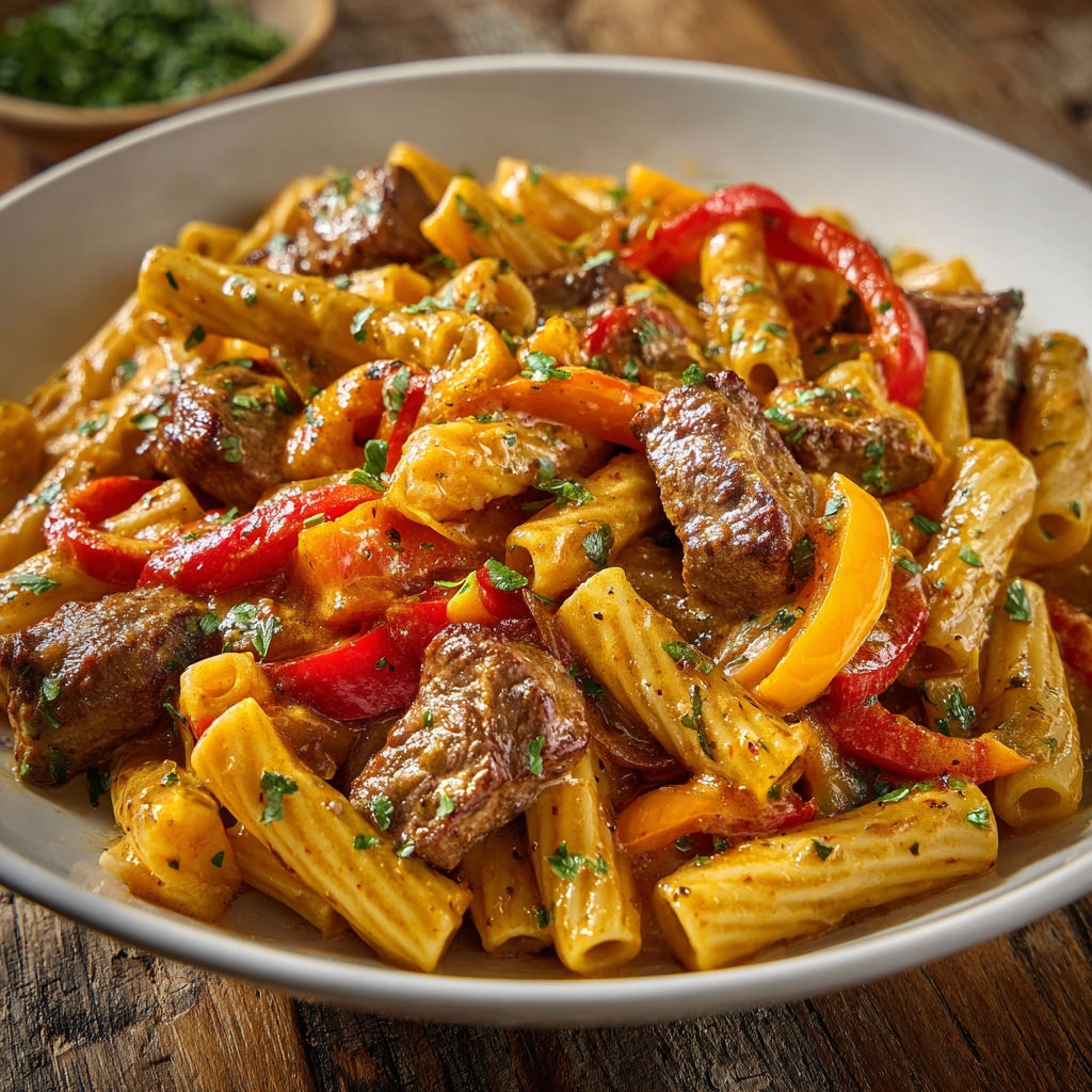 Belles tagliatelles au bœuf, poivrons et sauce soja parfumée