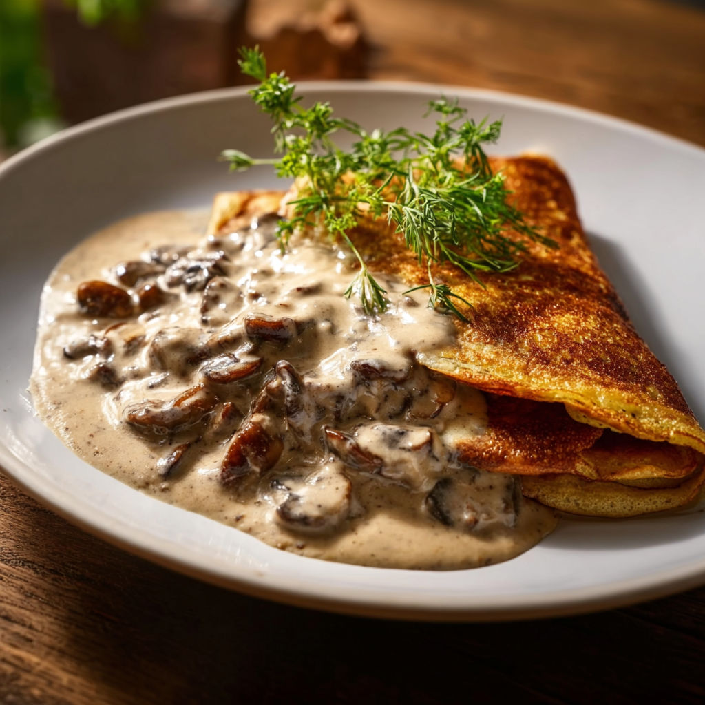 Un plat de pancakes à la crème de champignons.