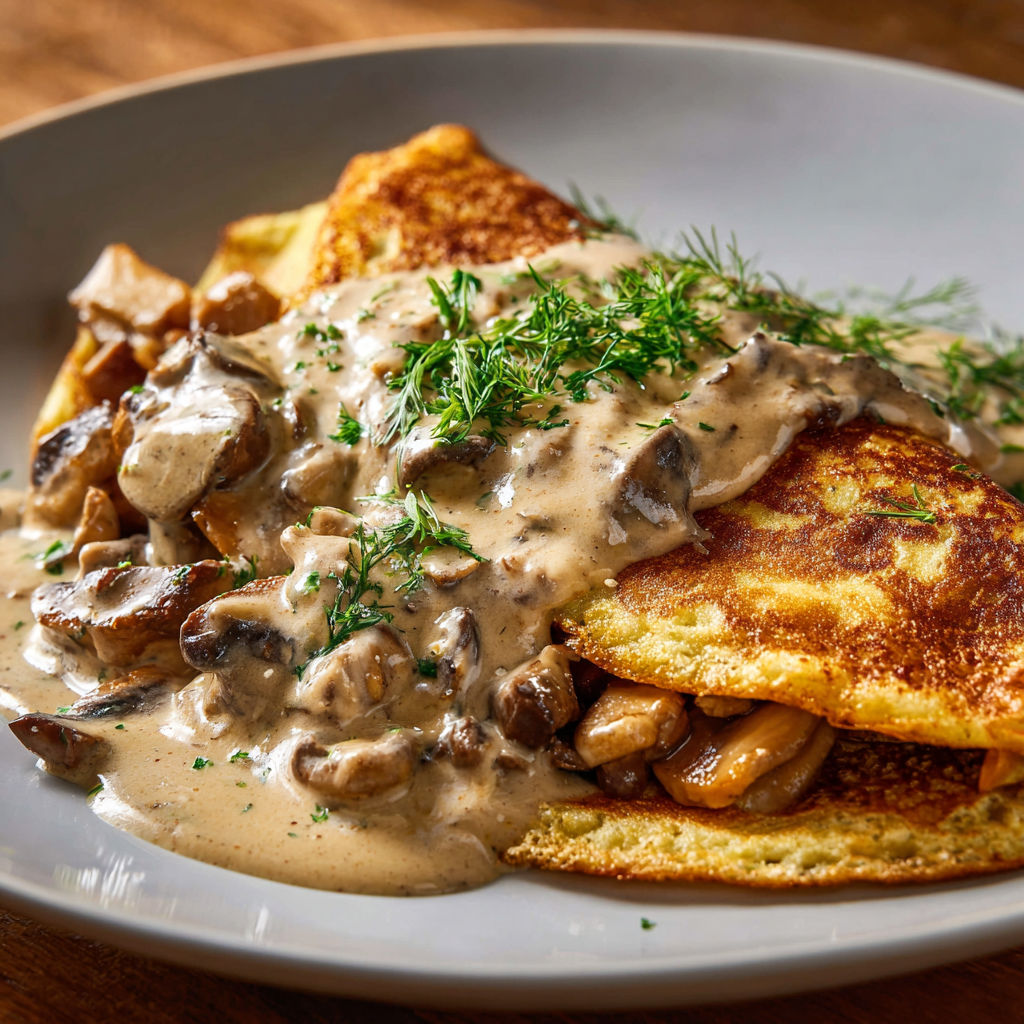 Une assiette de crêpes épaisses aux champignons et herbes, nappée de sauce, sur la table.
