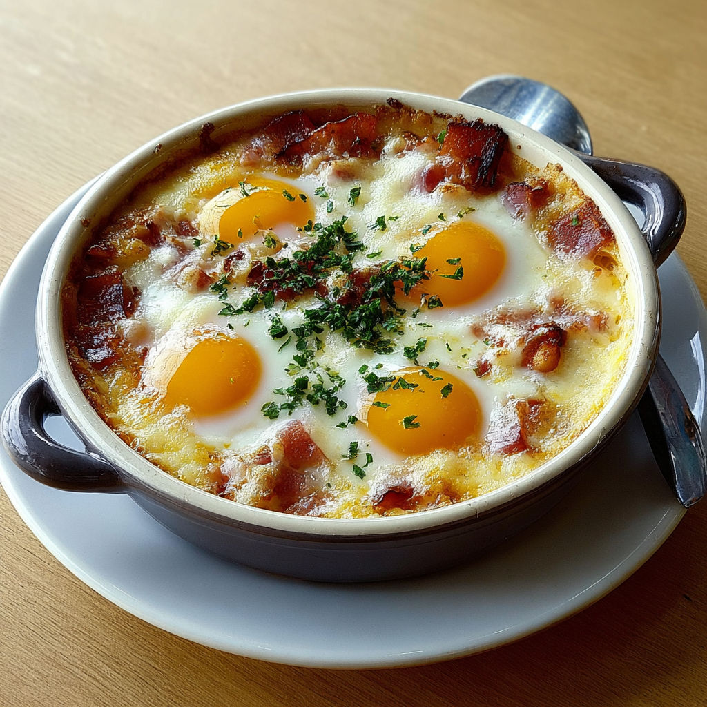 On découvre sur la table une cocotte d'œufs cocotte façon campagne, toute chaude.