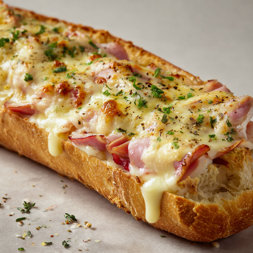 Une bonne baguette gratinée couverte de jambon de poulet et d’emmental.