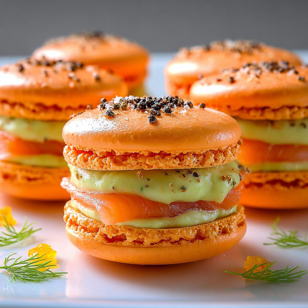 Macarons salés avec saumon et crème d’avocat au citron ultra gourmands.