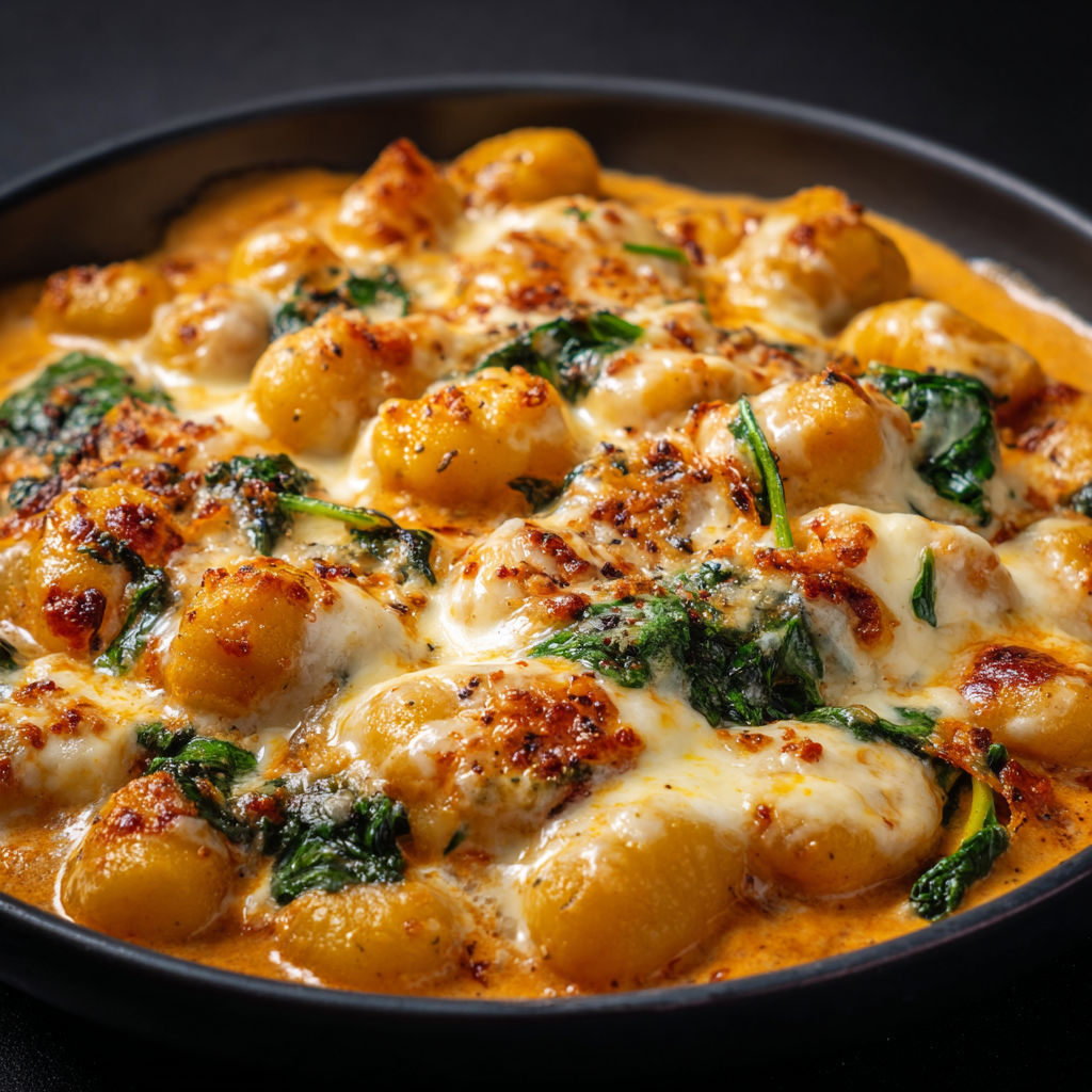 Délicieux gratin d’automne aux gnocchis et potimarron, couronné d’un nuage de fromage.