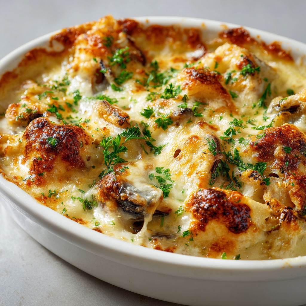 Un bol blanc rempli d'une cassolette gratinée aux moules et poisson blanc.