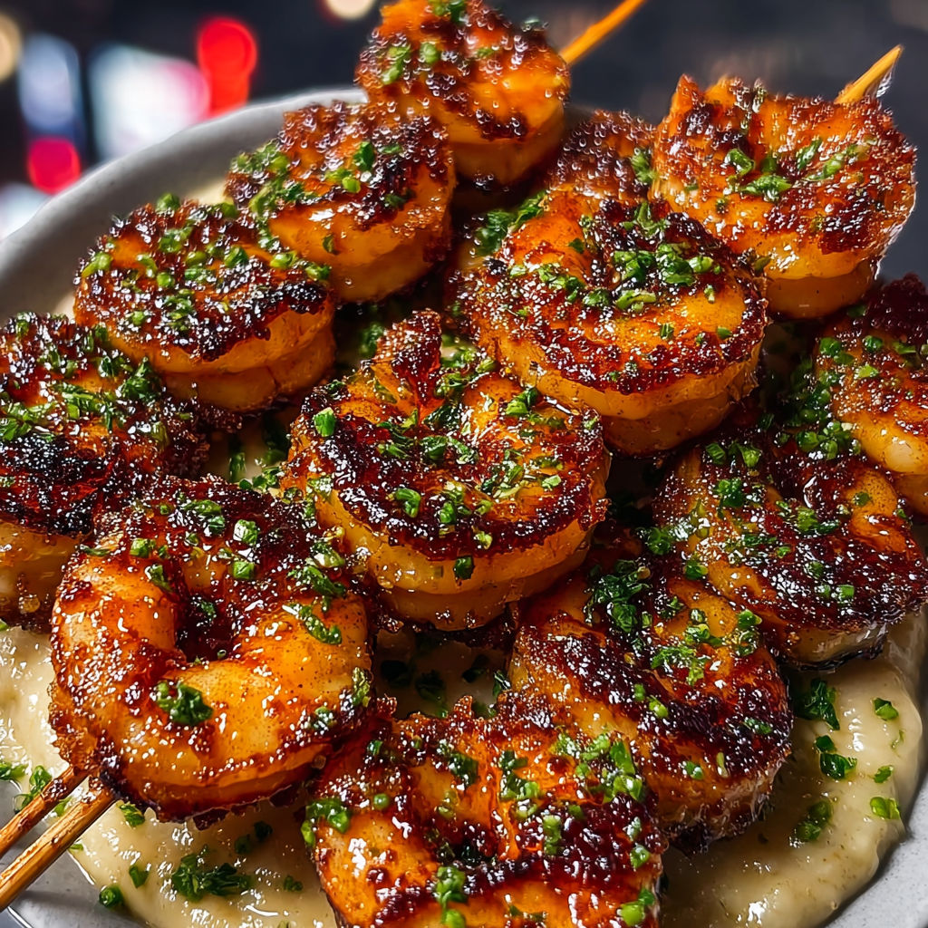 Brochettes de crevettes panko prêtes à être trempées dans une sauce acidulée au citron.