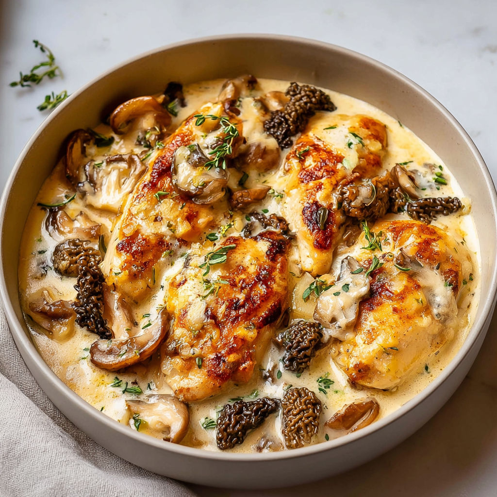 Petites cassolettes de volaille avec morilles arrosées de crème.