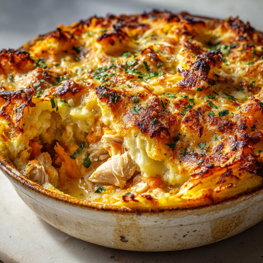 Parmentier automnal ultra gourmand au poulet et aux légumes rôtis.