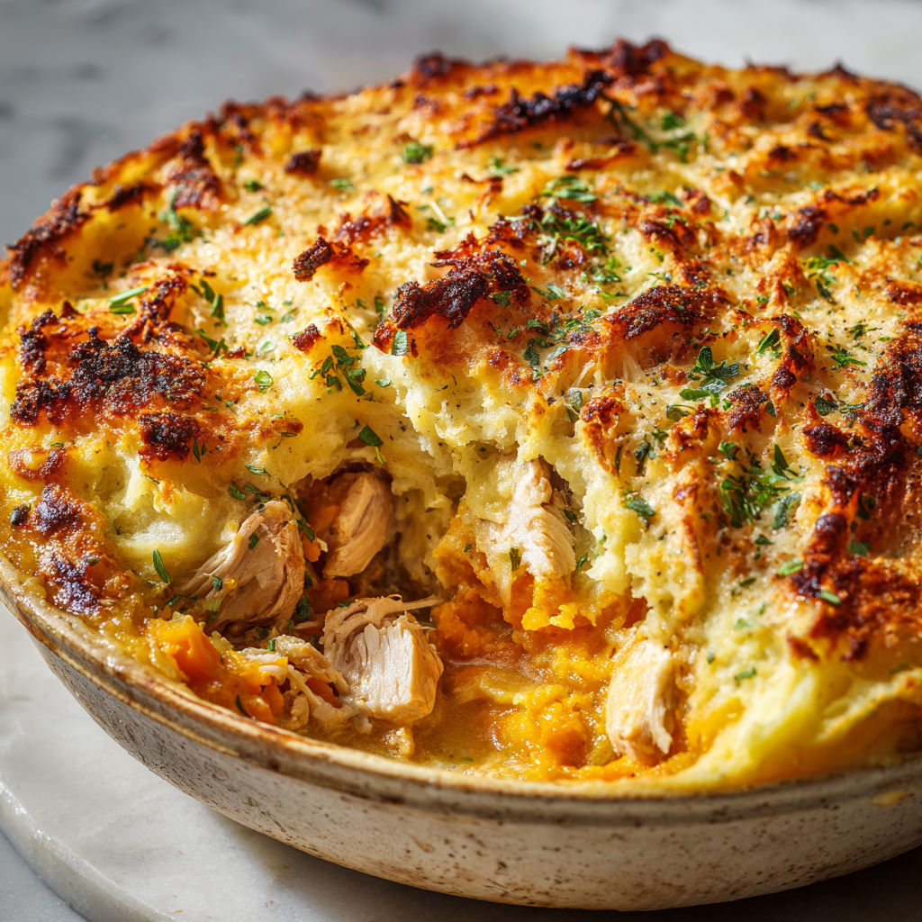 Gratin automnal de poulet et purée de légumes bien moelleux.