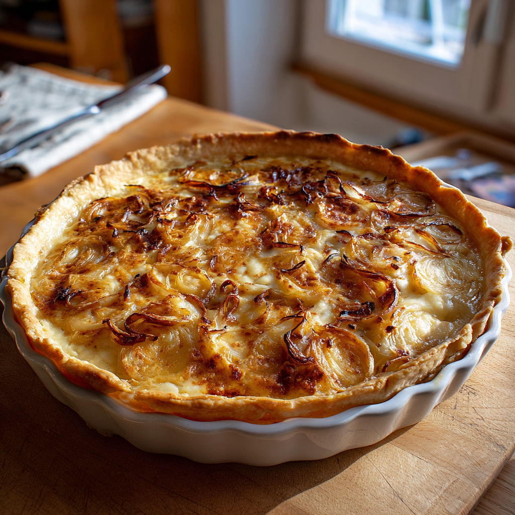 Tarte Croustillante aux Pommes de Terre, Oignons et Reblochon.