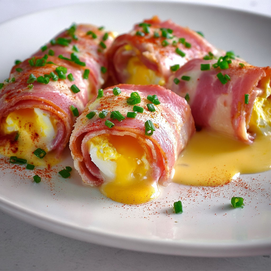 Petits rouleaux de jambon aux œufs mimosa frais.