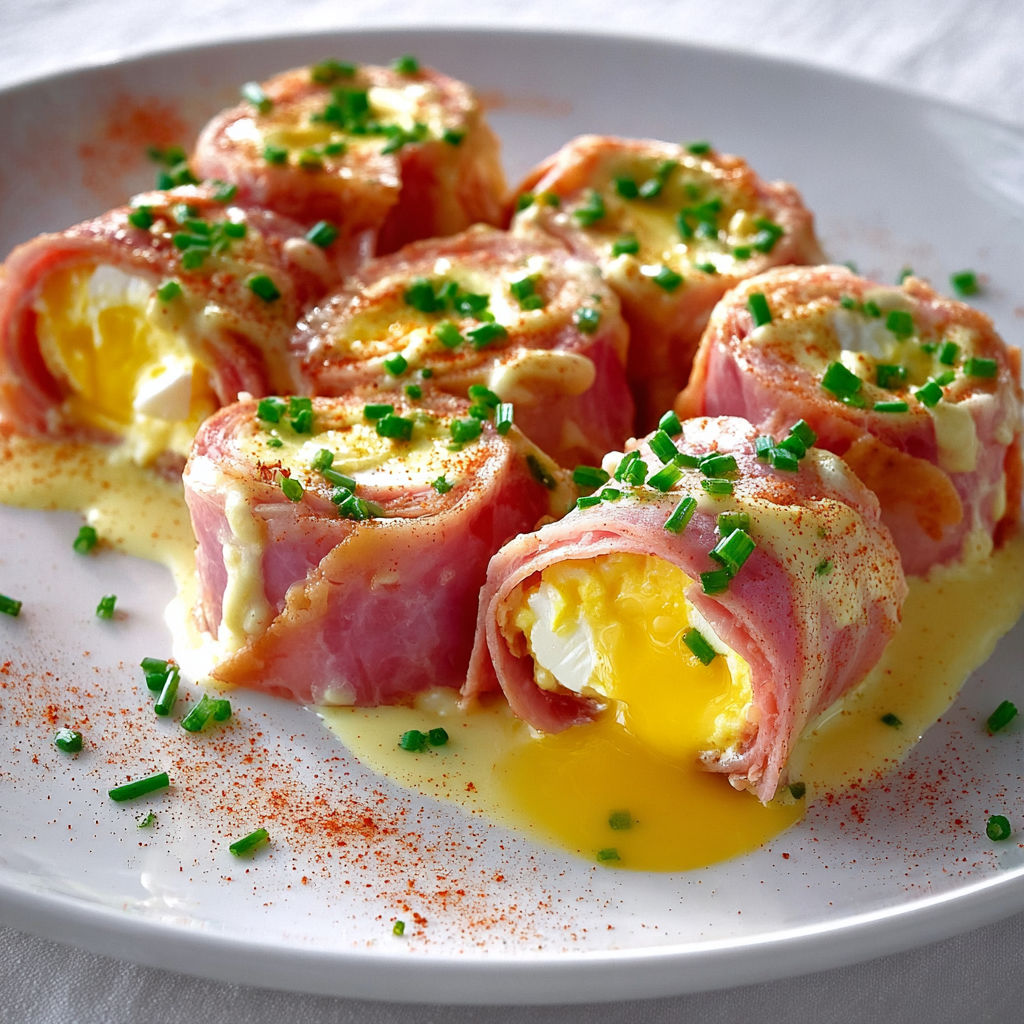 Jambon roulé hyper gourmand, œufs et ciboulette fraîche.