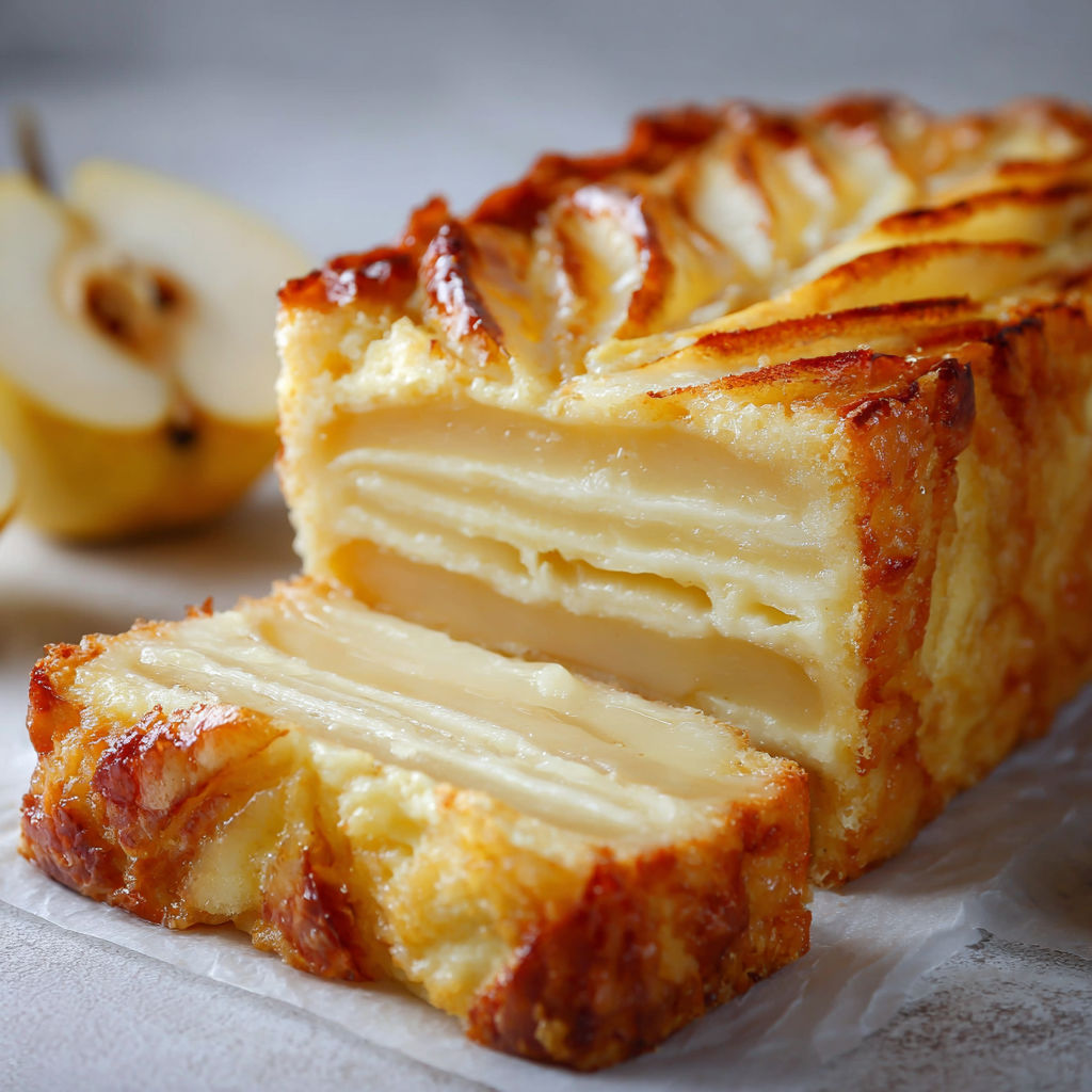 Une belle part moelleuse de gâteau invisible poires et vanille, posée sur une assiette à côté d’une poire entière.