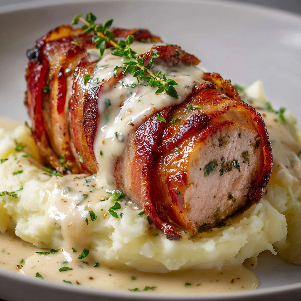 Un filet mignon de porc super tendre entouré de lard grillé et de purée maison, posé sur un plat convivial.