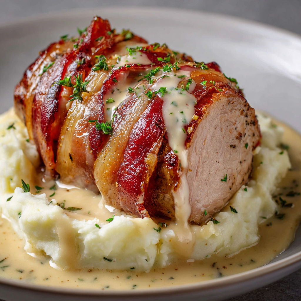 Filet mignon tendre Boursin lard fumé purée maison.