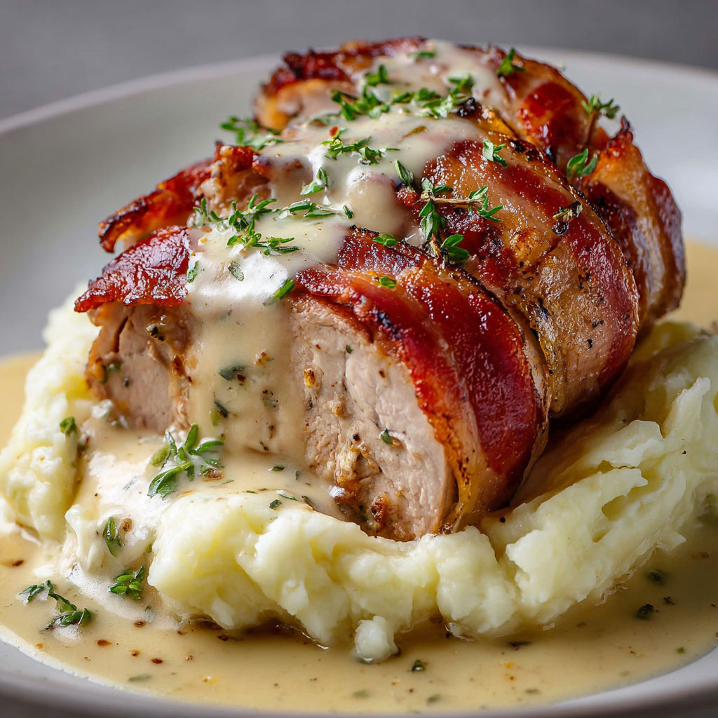 Porc savoureux au lard, sauce Boursin et purée maison fondante.