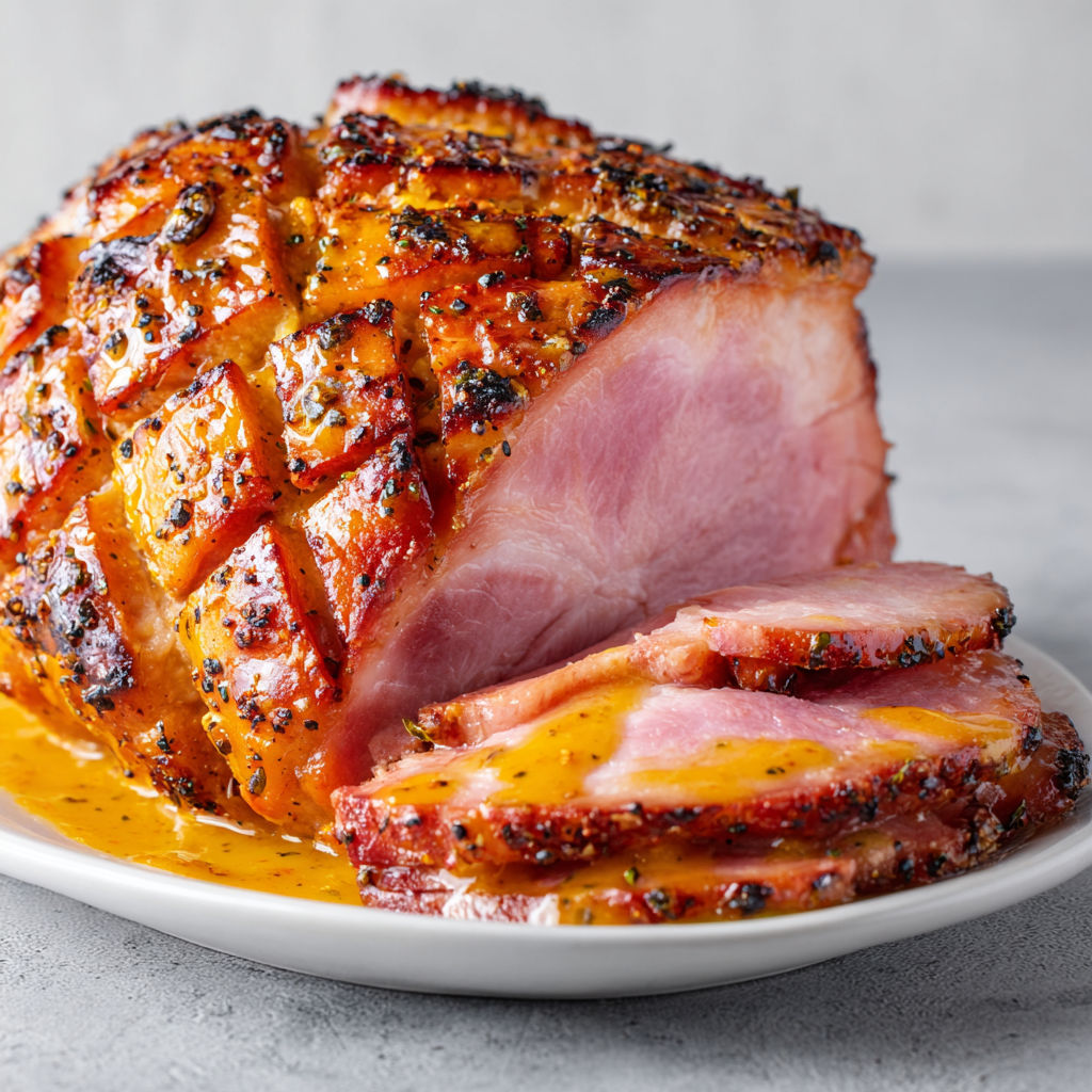 Belle tranche de jambon de Noël, nappée de sauce miel moutarde, posée sur un joli plat.