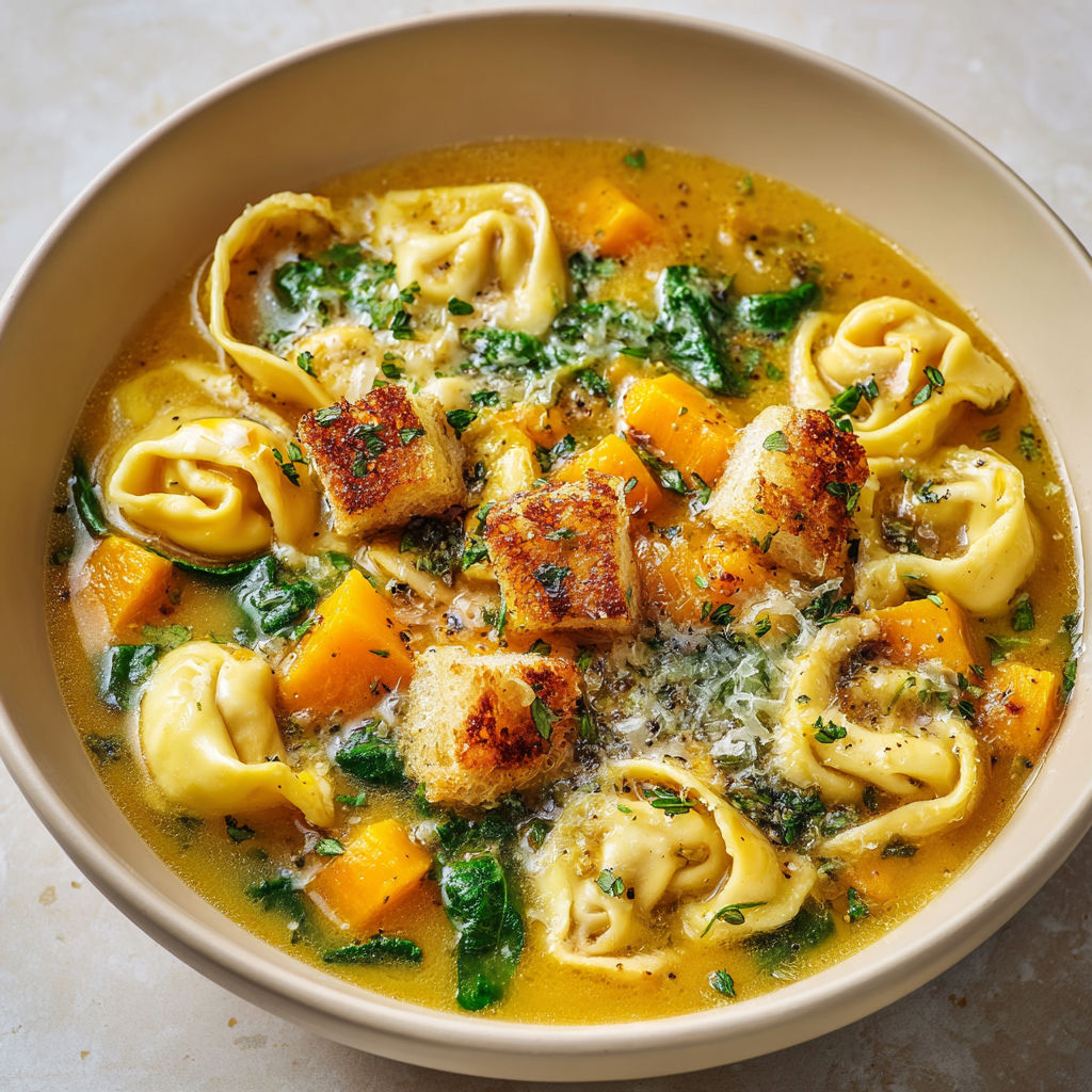Dans un bol, une soupe-repas bien remplie avec tortellinis et morceaux de courge, servie avec des légumes.