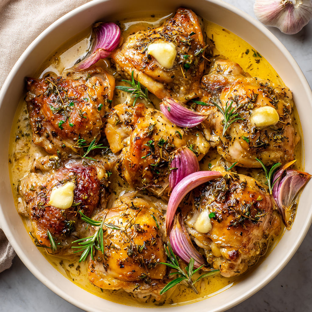 Des cuisses de poulet braisées dans une sauce au vin blanc et au romarin bien parfumée.