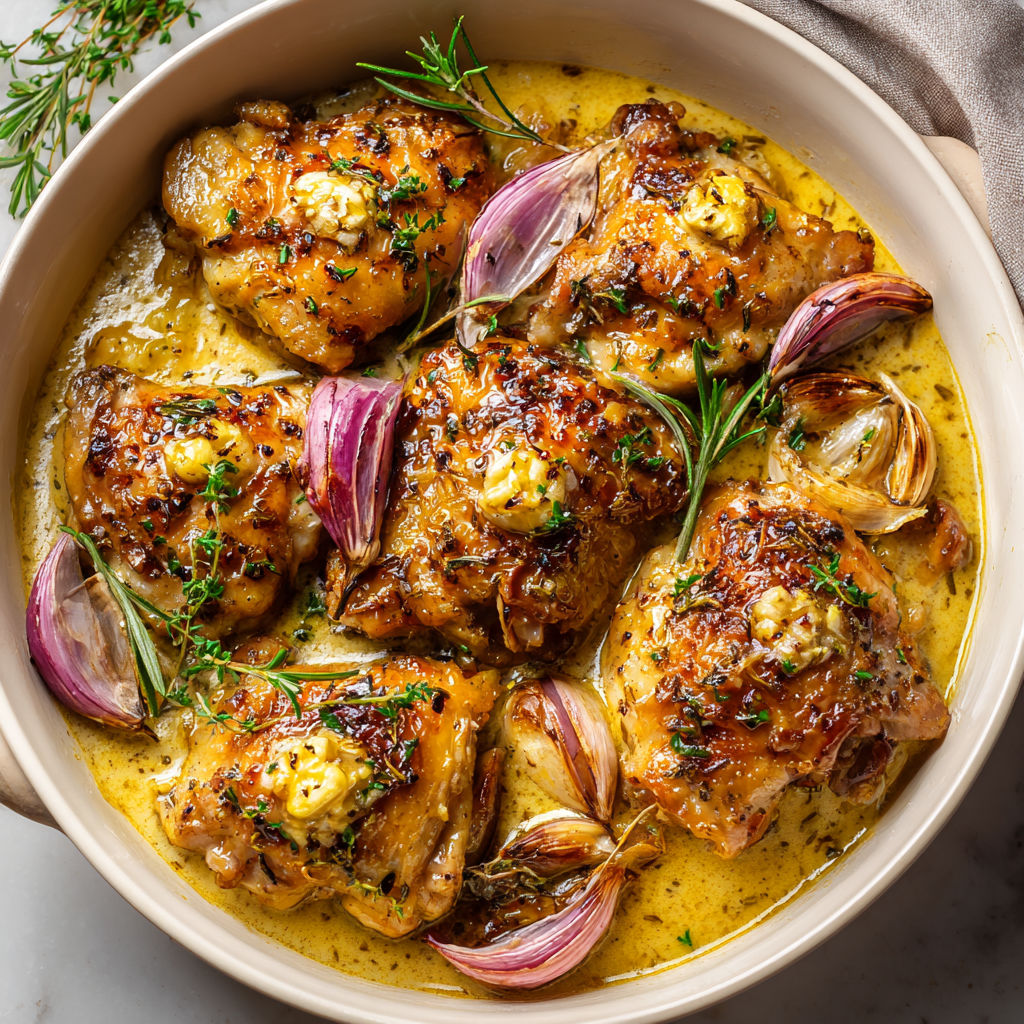 Poulet Braisé tendre avec Sauce Vin Blanc et Oignons rôtis.
