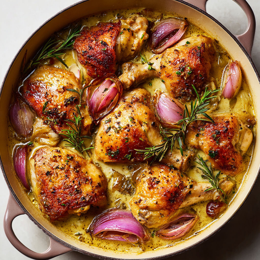 Cuisses de Poulet ultra fondantes, parfumées au Vin Blanc et Romarin.