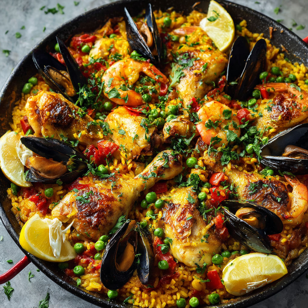 Plat de paella avec poulet, légumes et crevettes. On y voit tomates, poivrons, pommes de terre, oignons, et épinards autour.