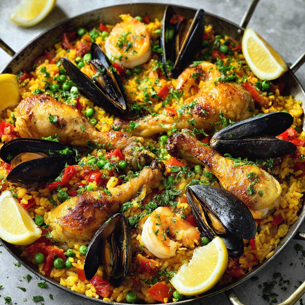 Grande Poêle Méditerranéenne Riz au Safran Moules et Crevettes.