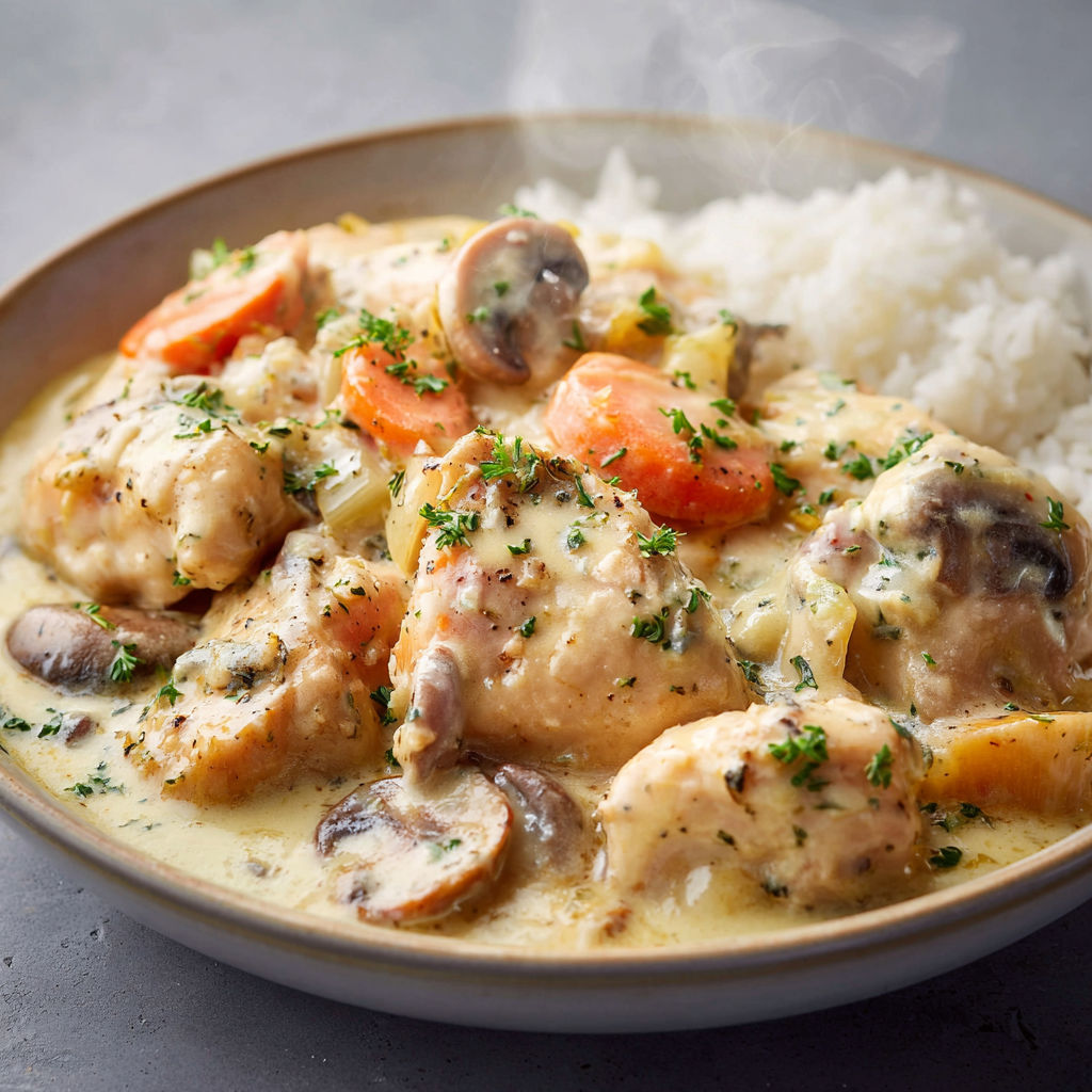 Blanquette crémeuse de Poulet au Bleu d’Auvergne et légumes fondants.