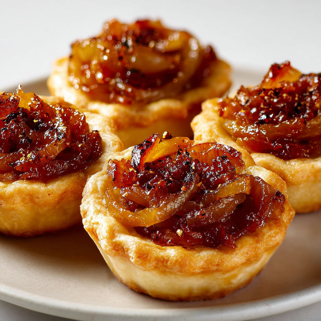 Minis tartelettes dorées aux oignons caramélisés et miel prêtes à croquer, présentées ensemble.
