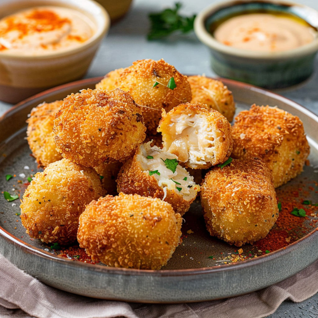 Sur une plaque, des croquettes dorées de poulet au parmesan avec sauces et herbes fraîches à côté.