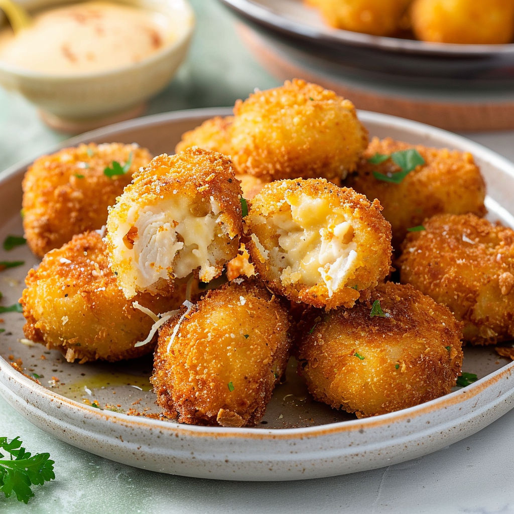Une assiette de croquettes dorées au poulet et parmesan.