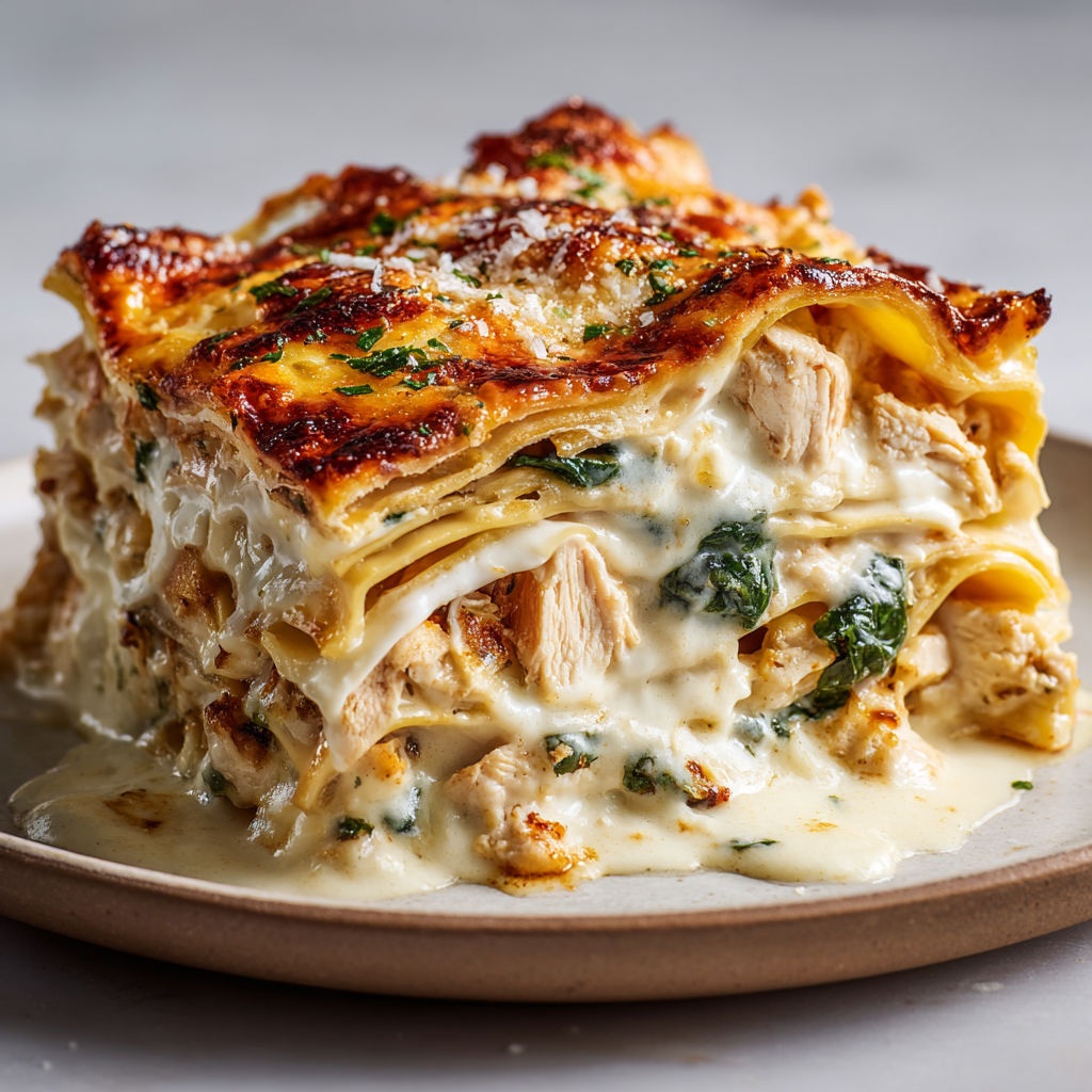 Lasagnes Crémeuses au Poulet, Épinards et Gruyère filant.