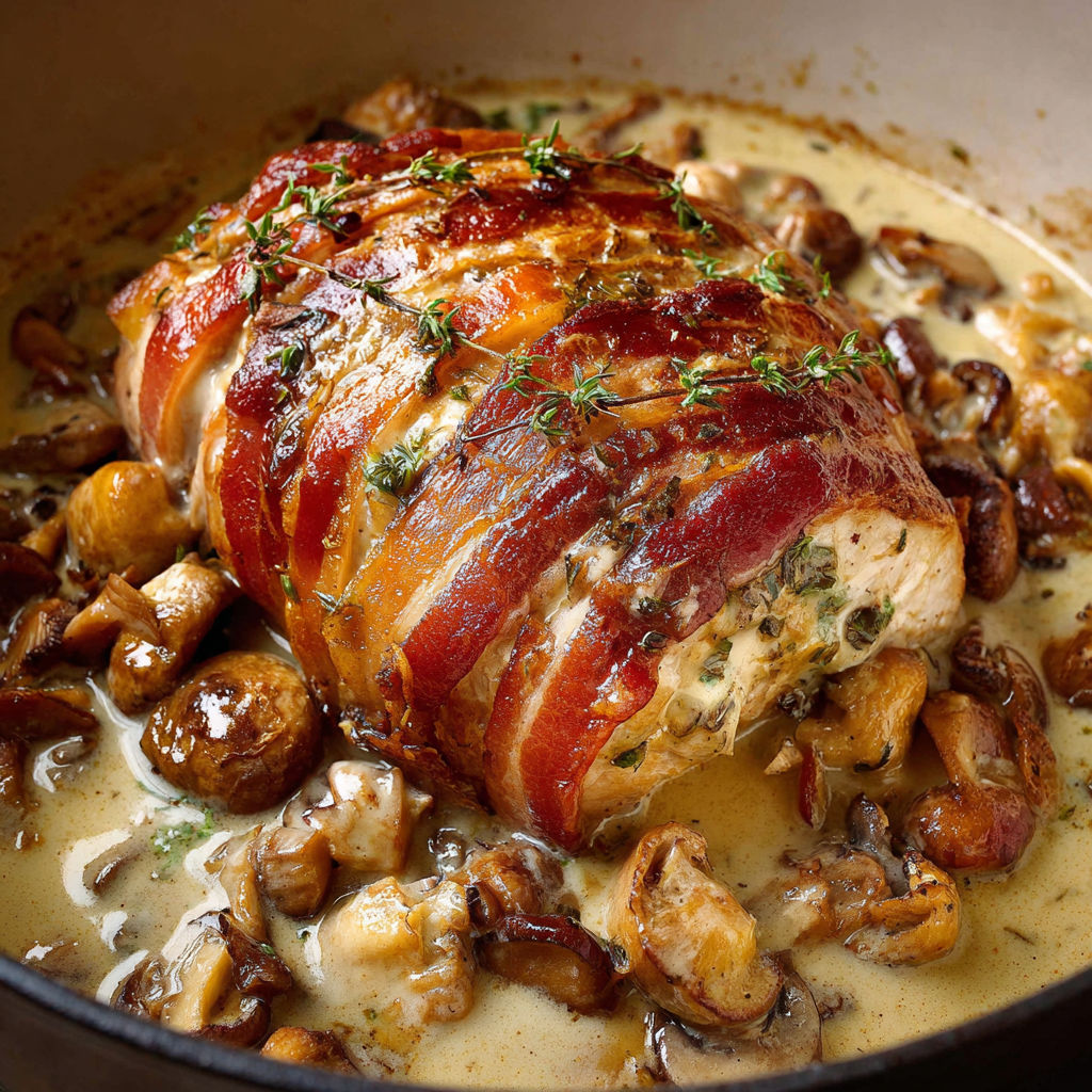 Rôti de dinde en cocotte, herbes fraîches et champignons bien dorés dans la marmite.