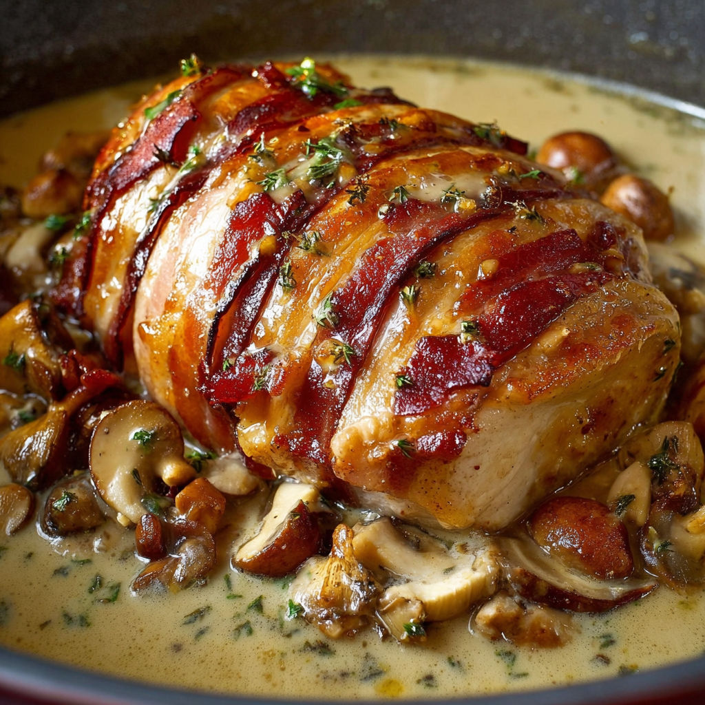 Rôti juteux sauce forestière ultra crémeuse.