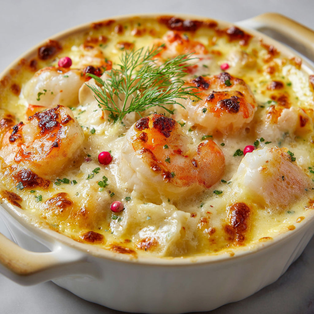 Une assiette bien dorée de cassolettes gratinées avec fruits de mer, herbes fraîches et langoustines juste sorties du four.